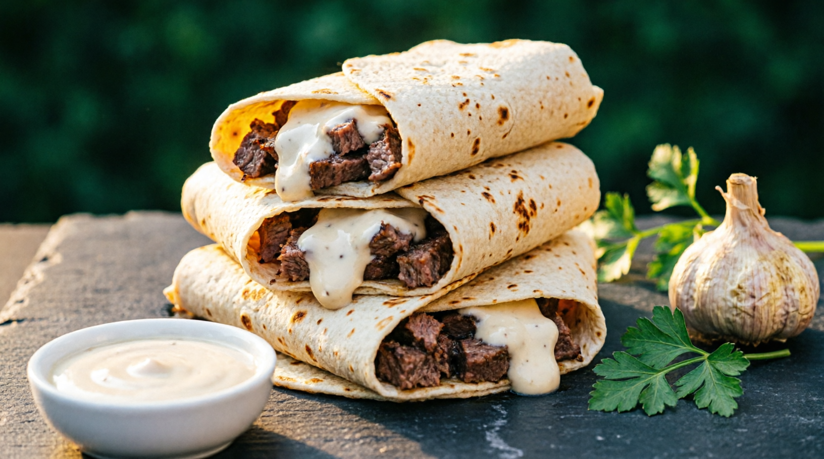 Beef Roll stacked on dark slate with garlic sauce