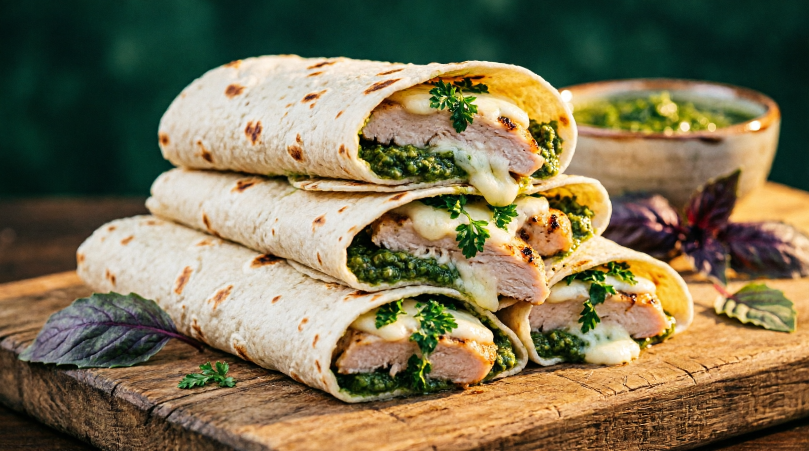 Chicken Pesto Roll stacked on a wooden board