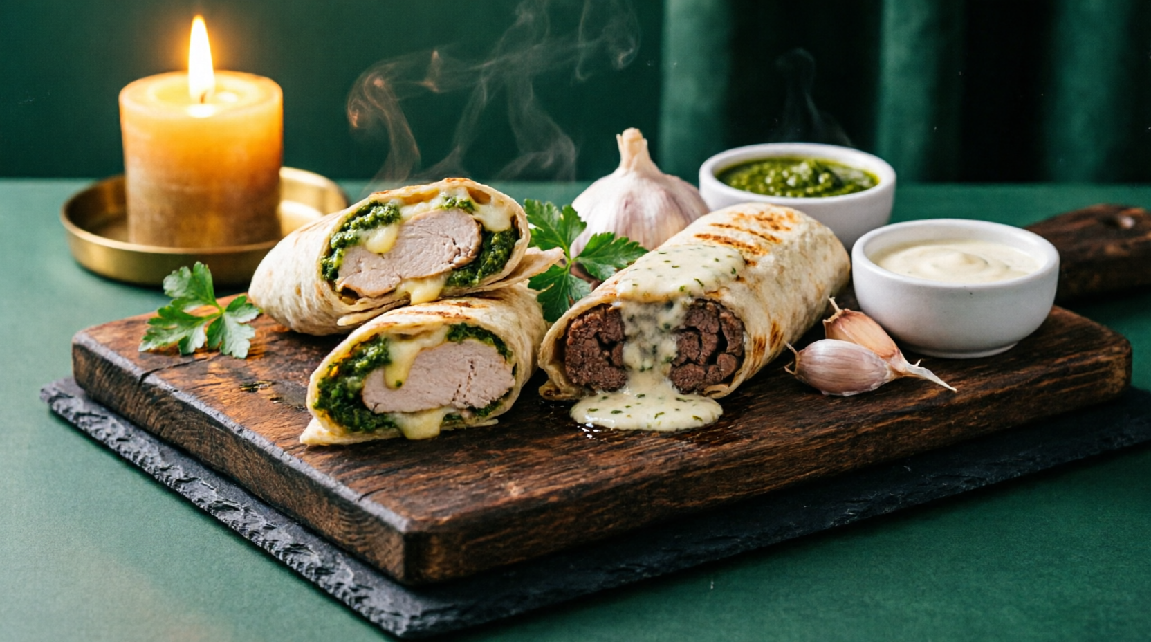 Bite Mafia signature rolls served on a rustic board by candlelight