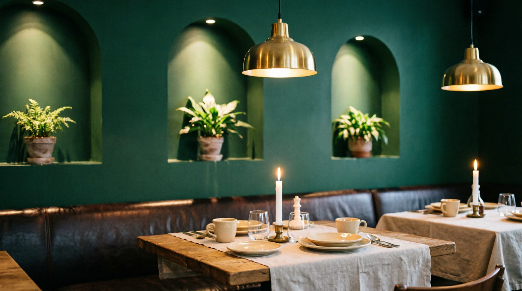 Cozy Bite Mafia dining room with green walls and warm brass lighting